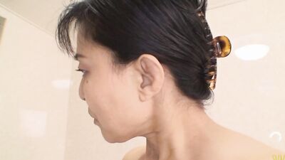 Japanese milf with small tits fucked and creampied after a shower