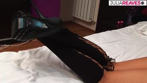 Babe trembles in pleasure as she puts vibrator inside her pierced pussy