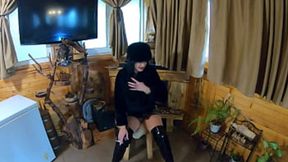 Goth babe receives face-fucking while dressed head-to-toe in fetish gear, fetish boots.