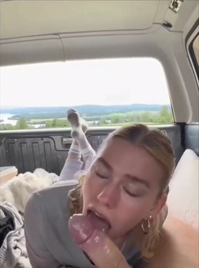Big-dicked guy gets a spit-filled POV blowjob in car with his friends watching