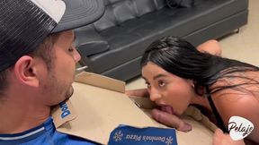 woman gets tired of waiting for her husband and receives a special flavor pizza