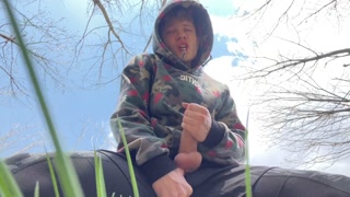 Sweet Boy Jerking his Big Dick (23cm) Outdoor / Huge Cumshot on Camera / College Boy / Monster Dick