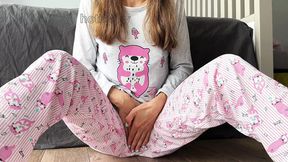 slim girl in pajamas masturbates with tiny tits &mdash;  finger pussy&#x270C; closeup and squirting orgasm&#x1F4A6;