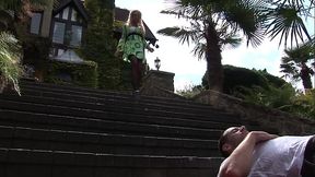 Kneeling down on the steps and lowering her pussy onto his face is her favorite way to