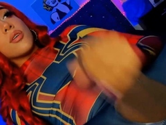 Shemale In Costume Masturbates Her Cock