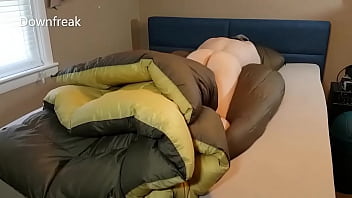 Down Jacket Lover Humps His Big Brown Comforter and Cums On It