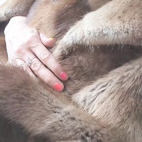 little bitch with long labia pussy lips masturbates in a fur coat on the balcony