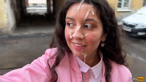 Fresh hottie moans as huge jizz covers her shaved pussy during a public cumwalk