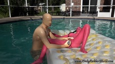 Toyplay on the Poolfloat with transparent rubberpussy