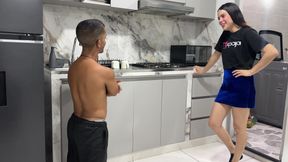 Naughty stepsister teases her little stepbrother until she sees his huge cock, gets very horny and fucks him hard.