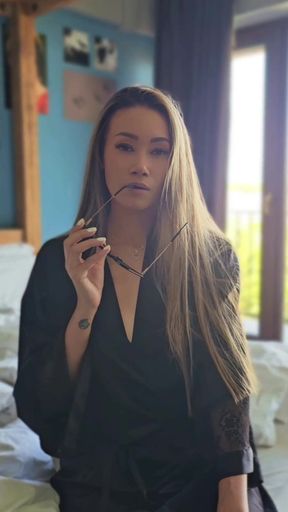 Asian MILF with Glasses in Silk Robe