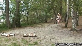 Outdoor Threesome with Old Lady and Young Guys