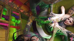Alternative girl takes cum in her ass&#x1F351; from two goth sluts