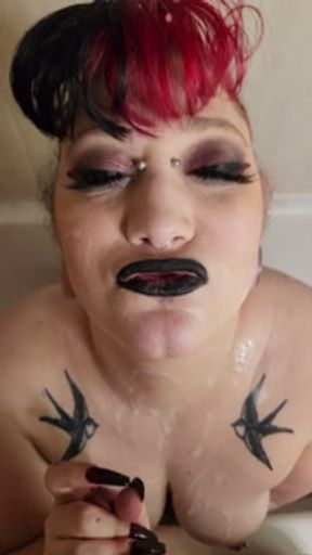 Goth toilet whore slut massive piss load drinking &amp; cum dumped