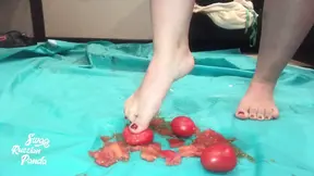 Barefoot food crushing, smashing tomatoes and crispy cake with my soles