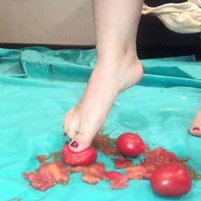 Barefoot food crushing, smashing tomatoes and crispy cake with my soles