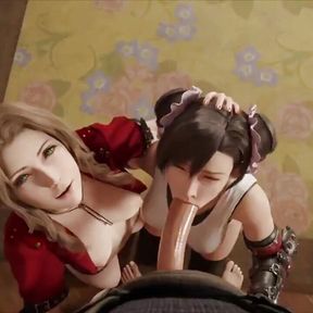 Tifa X Aerith Threesome Blowjob