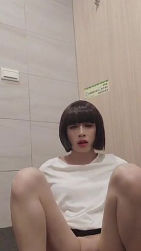 Shemale Ting Xuan Masturbating with a Dildo in a Public Toilet