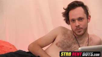 Long-haired twink strokes his big cock and cums