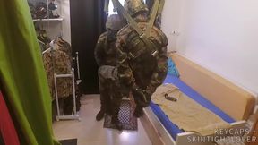 Two Soldiers In German Flecktarn In Gas Masks Wanking