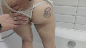 Man came in his shower and saw pretty redhead girl washing her hairy pussy under dress without panties, And she made her clothes all wet 4K and see through pussy hairs from wet dress, He made his dick hard and they fucked together