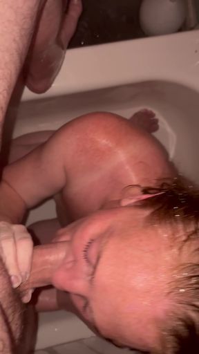 Redhead hot wife blowjob in the shower but