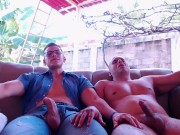 jerkin of our cocks till cums a big load in the backyard
