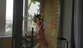 Naked MILF on Exercise Bike, Solo Webcam Footjob