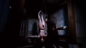 Busty witch is tied upside down to a cross for interrogation