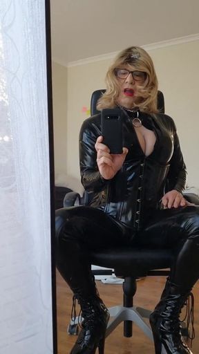 Rachel Sits in a Latex Catsuit and PVC Corset