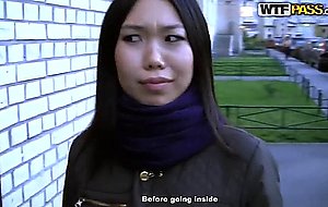 Asian gets fucked in all holes for money on the stairs