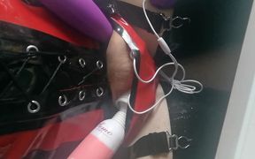 Cock vibrator toy teasing with contractions orgasm in latex rubber clothes