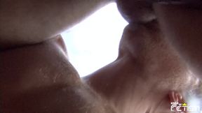 Horny blonde man blows deep two guys with big cocks outdoor