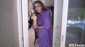 Hot MILF gets down on her knees to scrub my cock before riding me raw until I bust a thick load