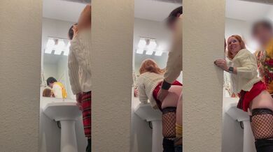 Hotwife squealed during her FWB’s Christmas quickie in the bathroom stall
