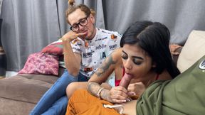 Nerd cuckold friend joins Colombian babe to share cum dessert with her