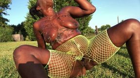 Rich dude's ebony mistress swallows his piss, then gets anally pounded by a thick black dildo under the sun