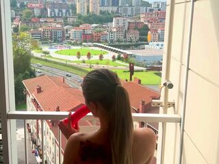 Breasty Blond Masturbates on the BALCONY and Squirts !