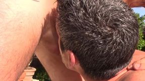 Gay fucked bareback by 2 tops in exhib outdoor garden