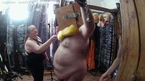 Part 2:-Satana and Mistress Carrie with slave for a sensory deprivation box