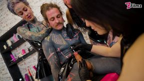 3 Latex Femdoms dominate Tattooed Slave - Sounding, Ureta Fingering, Dominatrix