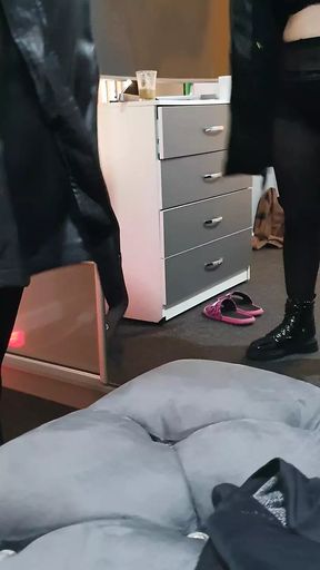 Step mom in sexy tights try in new leather jacket in front of step son