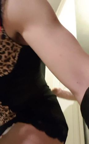 Fucking my pussy in leopard print body, stockings suspenders, opera leather gloves, pearls, make up, blonde