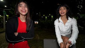 Petite Colombian babe gets dominated in a public park threesome