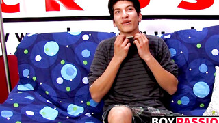 Interviewed young twink jerks off his big dick and cums
