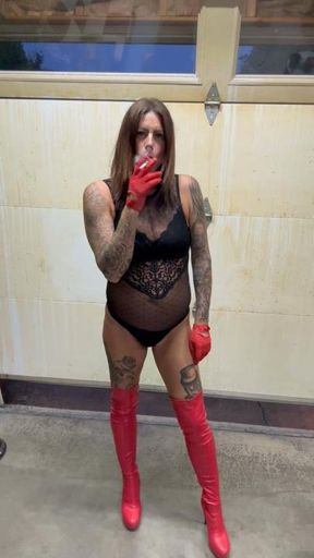 Red lips, red gloves, red boots