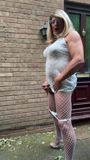 Sexy Crossdresser Kellycd2022 in White Lace Outfit Fishnet Pantyhose and Heels
