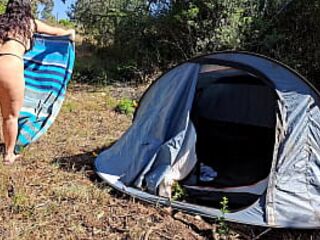 Outdoor camper gets internal creampie in public forest