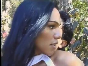 Lucky guy gets to fill the mouth and asshole of this gorgeous sunburnt tranny Claudia on the forest meadow