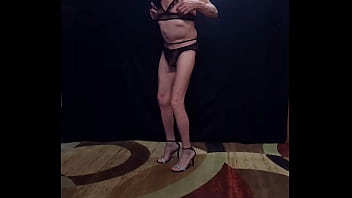 Busy-Bottom in black lingerie exposing my little titties and soon to be naked